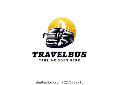 Diseño del logotipo de la moderna empresa de viajes en autobús, ilustración vectorial del logotipo de la oficina de servicios y alquiler de autobuses turísticos