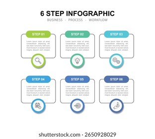 Modern business 6 step process infographic timeline.