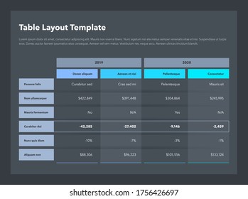 Moderna plantilla de diseño de tabla avanzada de negocios con lugar para su contenido - versión oscura. Diseño plano, fácil de usar para su sitio web o presentación.