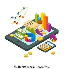 Modern business and analytics concept. Pie chart, bar graphs, money bills and coins and calculator lying on a tablet computer. Flat style isometric vector illustration isolated on white background.