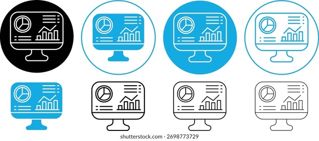 Um conjunto de ícones do painel de controle do business analytics moderno mostrando gráficos de dados, gráficos e relatórios em telas de computadores. Perfeito para apresentações de finanças, marketing e tecnologia.