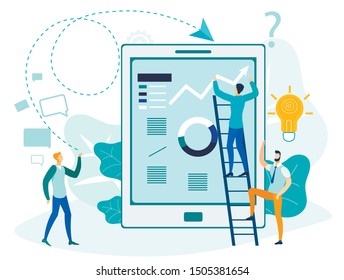Modern Business Analytics Flat Vector Illustration. Businessmen, Analysts Team Cartoon Characters. Colleagues Studying Charts, Stock Market Statistics. E business, Financial Analysis Metaphor