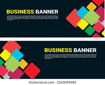 Modern business banner design with a black background and colorful overlapping squares. The text 'BUSINESS BANNER' is prominently displayed in yellow and white, with placeholder text below. 