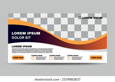 modern business banner template with abstract wave design and city background for professional use.