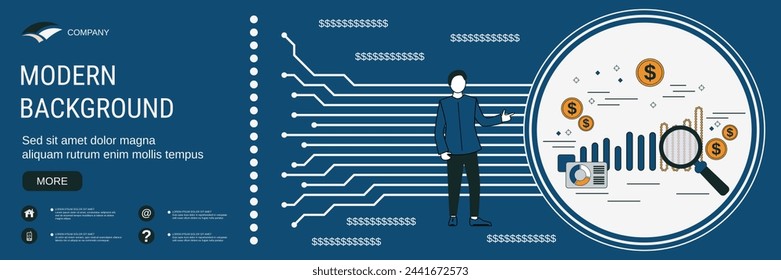 Modern business banner vector design template. Market trend analysis, business statistics, financial analytics flat contour style concept