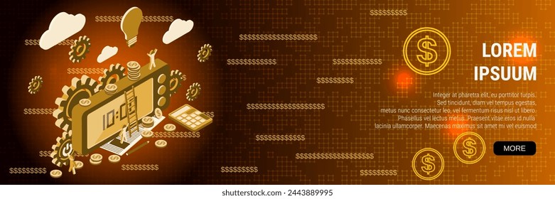 Plantilla de diseño de vector de banner de negocios moderno. El tiempo es dinero, gestión, planificación de negocios plano 3d concepto de vector isométrico