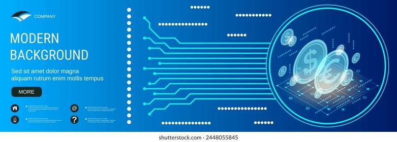 Plantilla de diseño de Vector de Anuncio de negocios moderno. Cambio de moneda, transferencia de dinero, transacción financiera plana 3d concepto isométrico