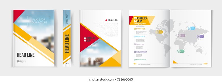 Modern business brochure, banner, page, flyer, magazine, cover book template. Abstract colorful background lines, geometrical forms, world map. Cover presentation, layout in A4. Page. Vector set