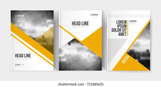 Modern business brochure, banner, page, leaflet, flyer, magazine, cover book template. Abstract yellow background lines, geometrical forms. Cover presentation, layout in A4. Page. Vector set