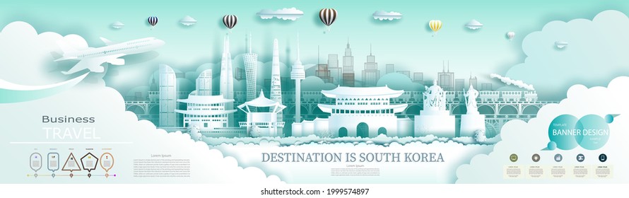 Modern business brochure design for South Korea landmarks advertising with infographics.Travel landmark Korea top world famous city ancient and modern architecture. Vector illustration brochure. 