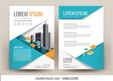 Modern business brochure layout, flyers design template, magazine, poster, annual report, or book & booklet cover, with orange teal geometric, and cityscape vector in background elements, in size a4.