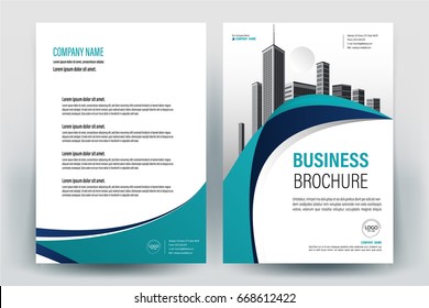 Modern business brochure layout, flyers design template, magazine, poster, annual report, or book & booklet cover, with  teal curve, and cityscape vector in background elements, in size a4.