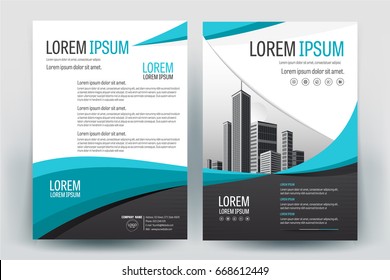 Modern business brochure layout, flyers design template, magazine, poster, annual report, or book & booklet cover, with  blue wave, and cityscape vector in background elements, in size a4.