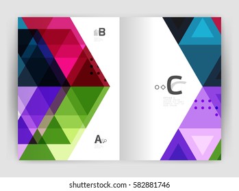 Moderne Broschüre oder Broschüre A4 Titelvorlage. Abstrakter Hintergrund mit Farbdreiecken, Jahresbericht-Hintergrund. Vektordesign für das Workflow-Layout, Diagramm, Zahlenoptionen oder Webdesign