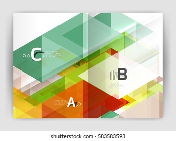Modern business brochure or leaflet A4 cover template. Abstract background with color triangles, annual report print backdrop. Vector design for workflow layout, diagram, number options or web design
