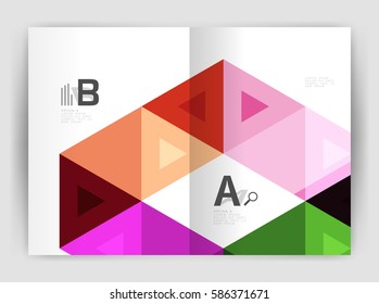 Modern business brochure or leaflet A4 cover template. Abstract background with color triangles, annual report print backdrop. Vector design for workflow layout, diagram, number options or web design