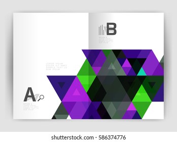 Modern business brochure or leaflet A4 cover template. Abstract background with color triangles, annual report print backdrop. Vector design for workflow layout, diagram, number options or web design