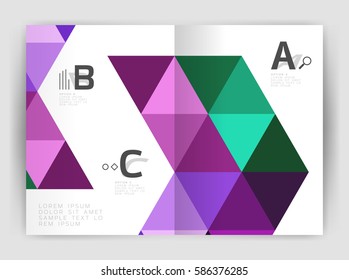 Modern business brochure or leaflet A4 cover template. Abstract background with color triangles, annual report print backdrop. Vector design for workflow layout, diagram, number options or web design