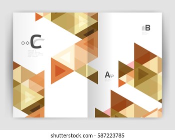 Folleto comercial moderno o planilla de portada A4. Fondo abstracto con triángulos de color, fondo anual de impresión de informes. Diseño de vectores para diseño de flujo de trabajo, diagrama, opciones de número o diseño web