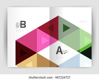 Modern business brochure or leaflet A4 cover template. Abstract background with color triangles, annual report print backdrop. Vector design for workflow layout, diagram, number options or web design