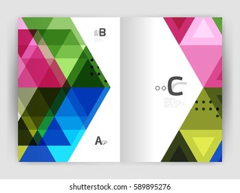 Modern business brochure or leaflet A4 cover template. Abstract background with color triangles, annual report print backdrop. Vector design for workflow layout, diagram, number options or web design