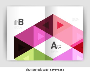 Folleto comercial moderno o planilla de portada A4. Fondo abstracto con triángulos de color, fondo anual de impresión de informes. Diseño de vectores para diseño de flujo de trabajo, diagrama, opciones de número o diseño web