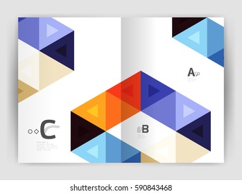 Folleto comercial moderno o planilla de portada A4. Fondo abstracto con triángulos de color, fondo anual de impresión de informes. Diseño de vectores para diseño de flujo de trabajo, diagrama, opciones de número o diseño web