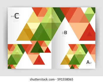 Folleto comercial moderno o planilla de portada A4. Fondo abstracto con triángulos de color, fondo anual de impresión de informes. Diseño de vectores para diseño de flujo de trabajo, diagrama, opciones de número o diseño web