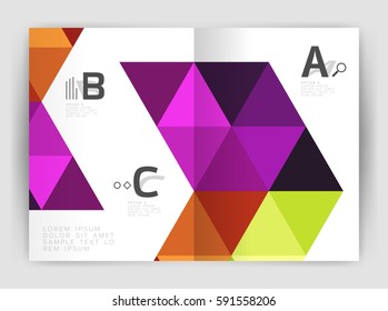 Modern business brochure or leaflet A4 cover template. Abstract background with color triangles, annual report print backdrop. Vector design for workflow layout, diagram, number options or web design