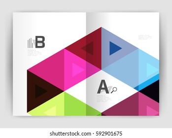 Modern business brochure or leaflet A4 cover template. Abstract background with color triangles, annual report print backdrop. Vector design for workflow layout, diagram, number options or web design