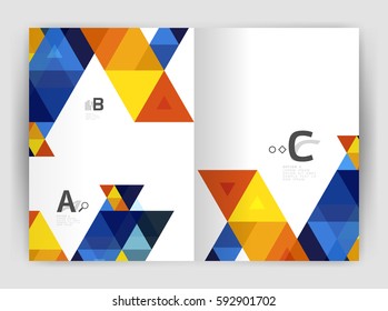 Modern business brochure or leaflet A4 cover template. Abstract background with color triangles, annual report print backdrop. Vector design for workflow layout, diagram, number options or web design