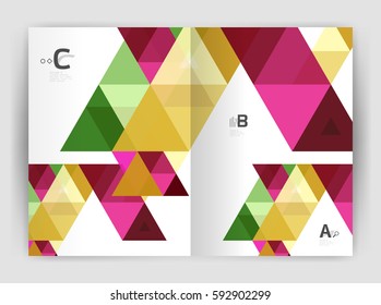 Modern business brochure or leaflet A4 cover template. Abstract background with color triangles, annual report print backdrop. Vector design for workflow layout, diagram, number options or web design