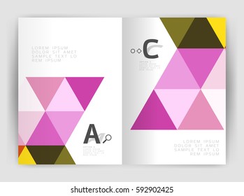 Folleto comercial moderno o planilla de portada A4. Fondo abstracto con triángulos de color, fondo anual de impresión de informes. Diseño de vectores para diseño de flujo de trabajo, diagrama, opciones de número o diseño web