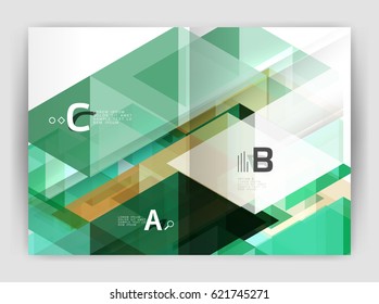 Modern business brochure or leaflet A4 cover template. Abstract background with color triangles, annual report print backdrop. Vector design for workflow layout, diagram, number options or web design