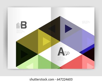 Modern business brochure or leaflet A4 cover template. Abstract background with color triangles, annual report print backdrop. Vector design for workflow layout, diagram, number options or web design