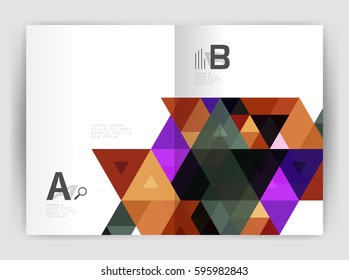 Modelo de portada A4 para folletos o folletos de negocios modernos. Fondo abstracto con triángulos de color. Diseño de vectores para diseño de flujo de trabajo, diagrama, opciones de número o diseño web