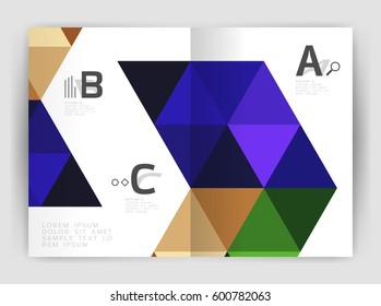 Modern business brochure or leaflet print A4 cover template. Abstract background with color triangles. Vector design for workflow layout, diagram, number options or web design