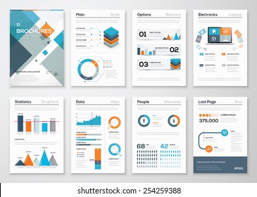 Modern business brochures and infographic vector elements. Illustrations of modern info graphics. Use in website, flyer, corporate report, presentation, advertising, marketing etc.