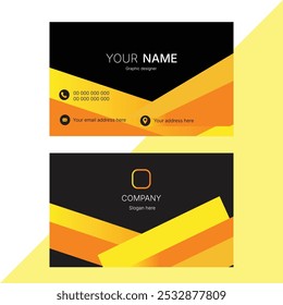 Modern business card with bold yellow and orange geometric shapes, sleek black background, and minimal contact icons for graphic designers.