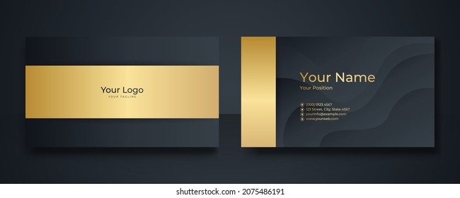 Modern Business Card - Creative and Clean Business Card Template. Luxury business card design template. Elegant dark back background with abstract golden wavy lines shiny. Vector illustration