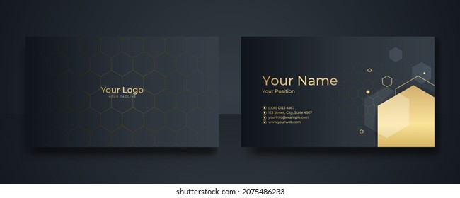 Modern Business Card - Creative and Clean Business Card Template. Luxury business card design template. Elegant dark back background with abstract golden wavy lines shiny. Vector illustration