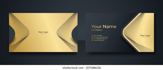 Modern Business Card - Creative and Clean Business Card Template. Luxury business card design template. Elegant dark back background with abstract golden wavy lines shiny. Vector illustration