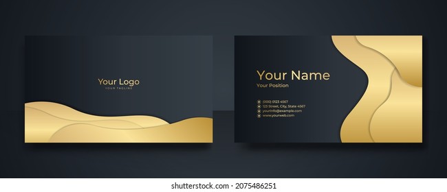 Modern Business Card - Creative and Clean Business Card Template. Luxury business card design template. Elegant dark back background with abstract golden wavy lines shiny. Vector illustration