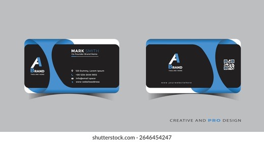 Modern business card design with blue and black color scheme 