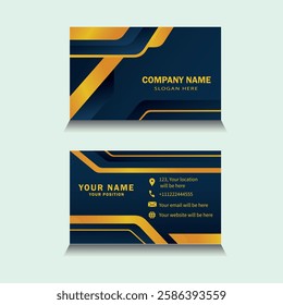 modern business card design with a dark blue and gold color scheme.