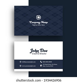 Modern Business Card Design With Double-Sides Presentation In Dark Blue And White Color.