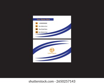 A modern business card design featuring a white background with abstract blue curves and orange accents. Includes placeholders for name, contact information, and a logo.