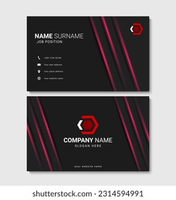 Modern business card design. Futuristic black business card template with red outline. Creative print layout template. Vector illustration