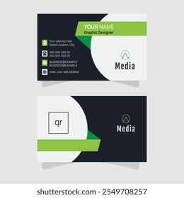 Modern business card design with green and black accents, featuring contact details, QR code, and clean typography for media professionals.