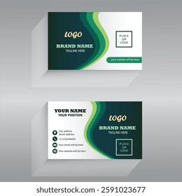 A modern business card design with green accents and a QR code placement.